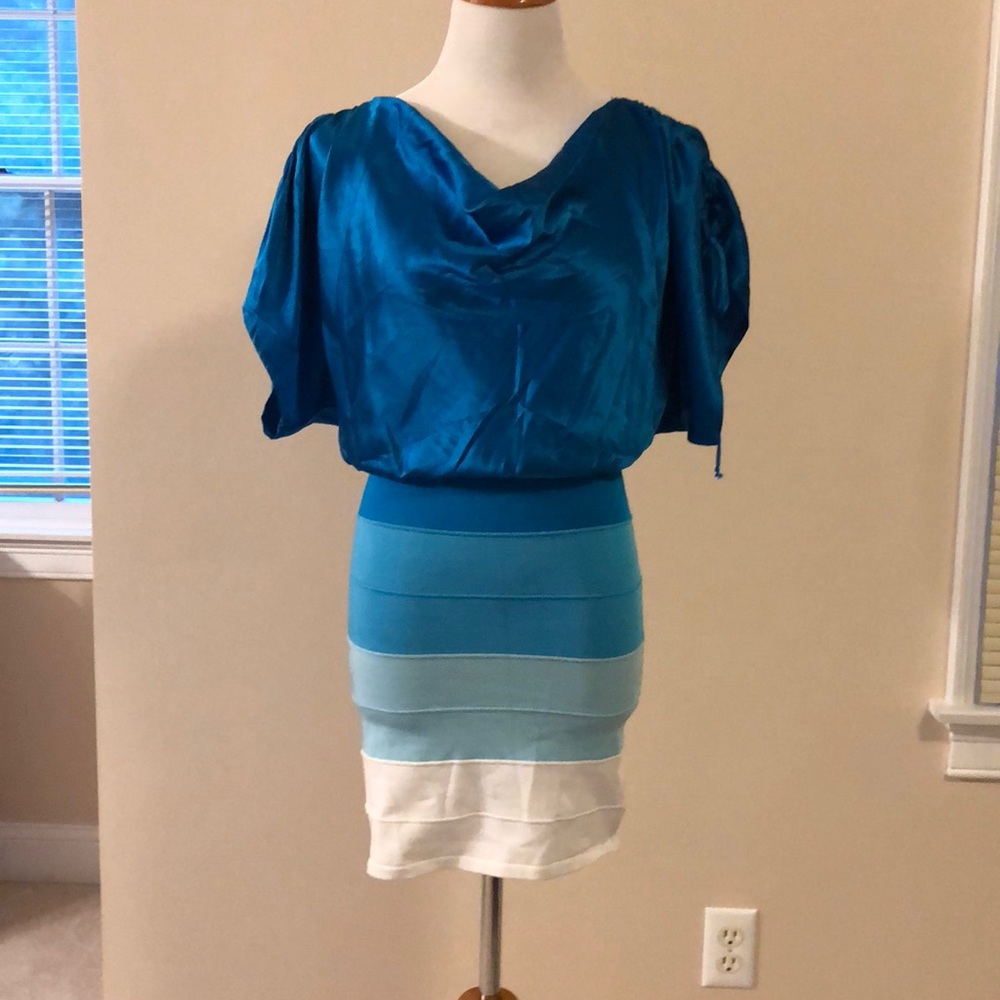 Blue and white cowl neck dress